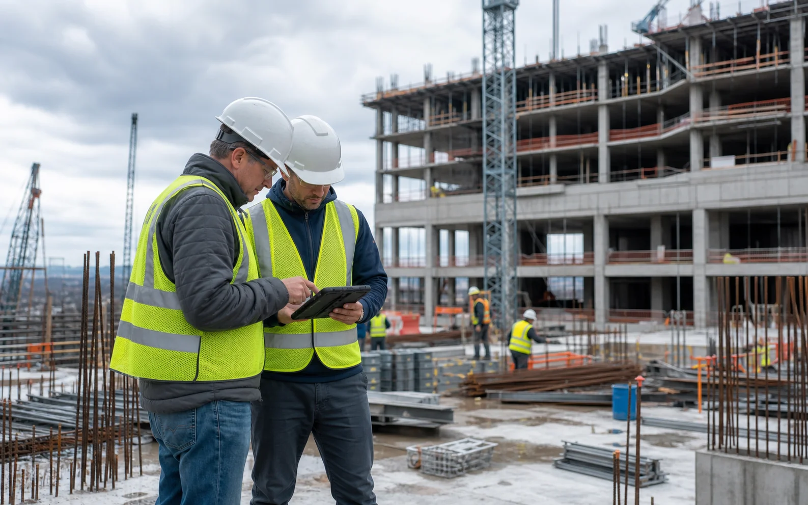 Construction leaders reviewing field operations on a tablet at an active building site