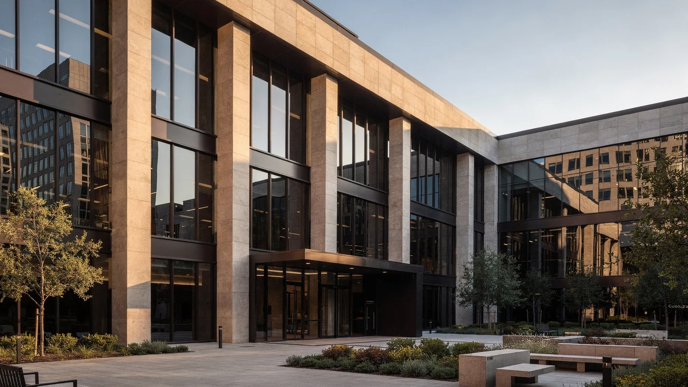 Stone and glass architecture of a financial institution
