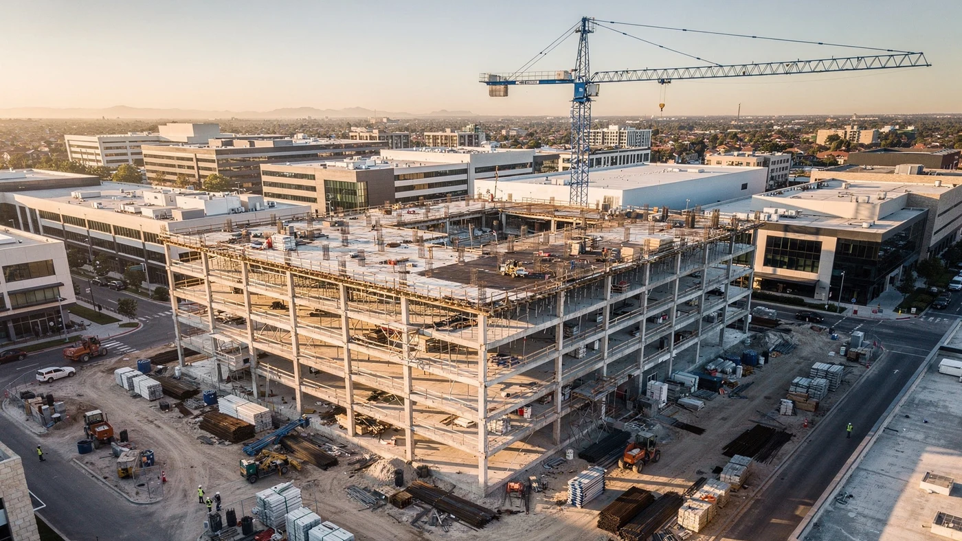 Commercial construction site with structural frames and a tower crane