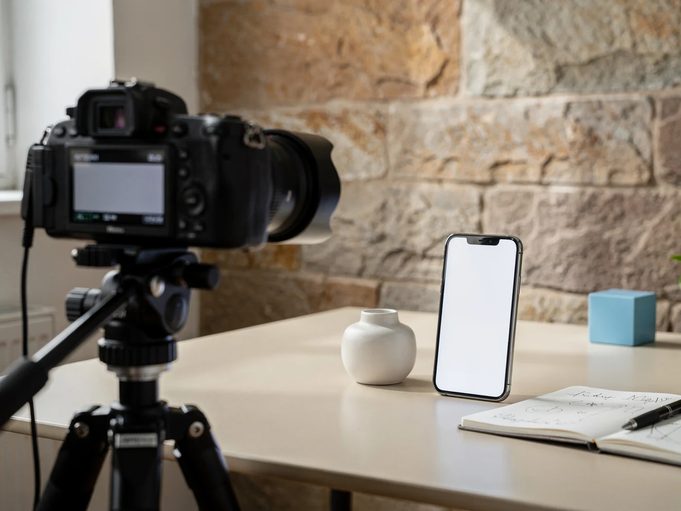 Camera and product arranged for a commercial video shoot