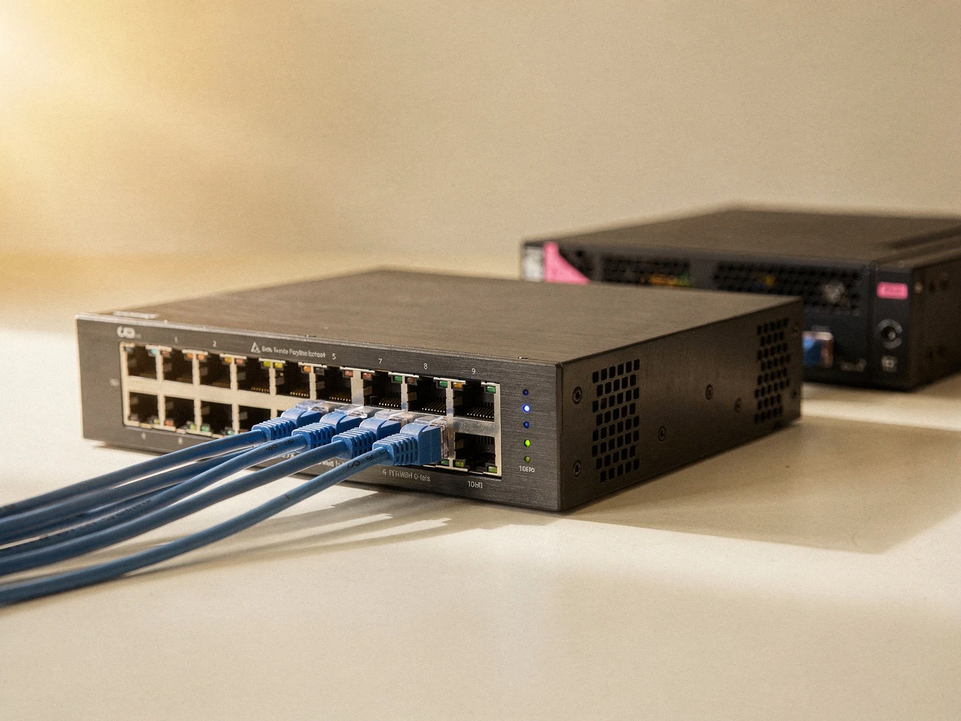 Network hardware with neatly connected blue cables